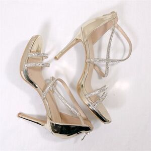 Women’s Italiana High Heel Stiletto Sandal Rhinestone Open Toe Buckle Strap Gold